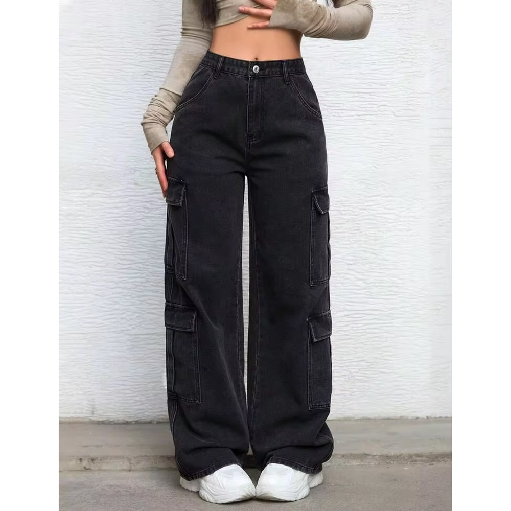 Baggy Skater Y2K Wide Leg Women Size 4 Cargo Jeans Black Wash Pocket Grunge